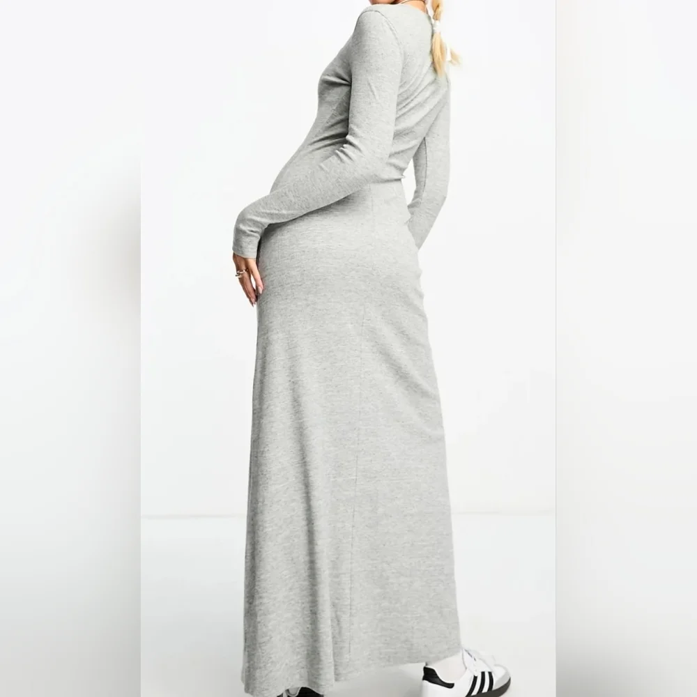NWOT ASOS Gray Ribbed Cotton‎ Long Sleeve Maxi Dress Sz 12